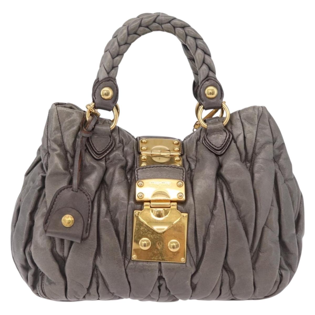 Miu Miu Matelasse Hand Bag Leather 2way Gray Gold Auth ka6343A