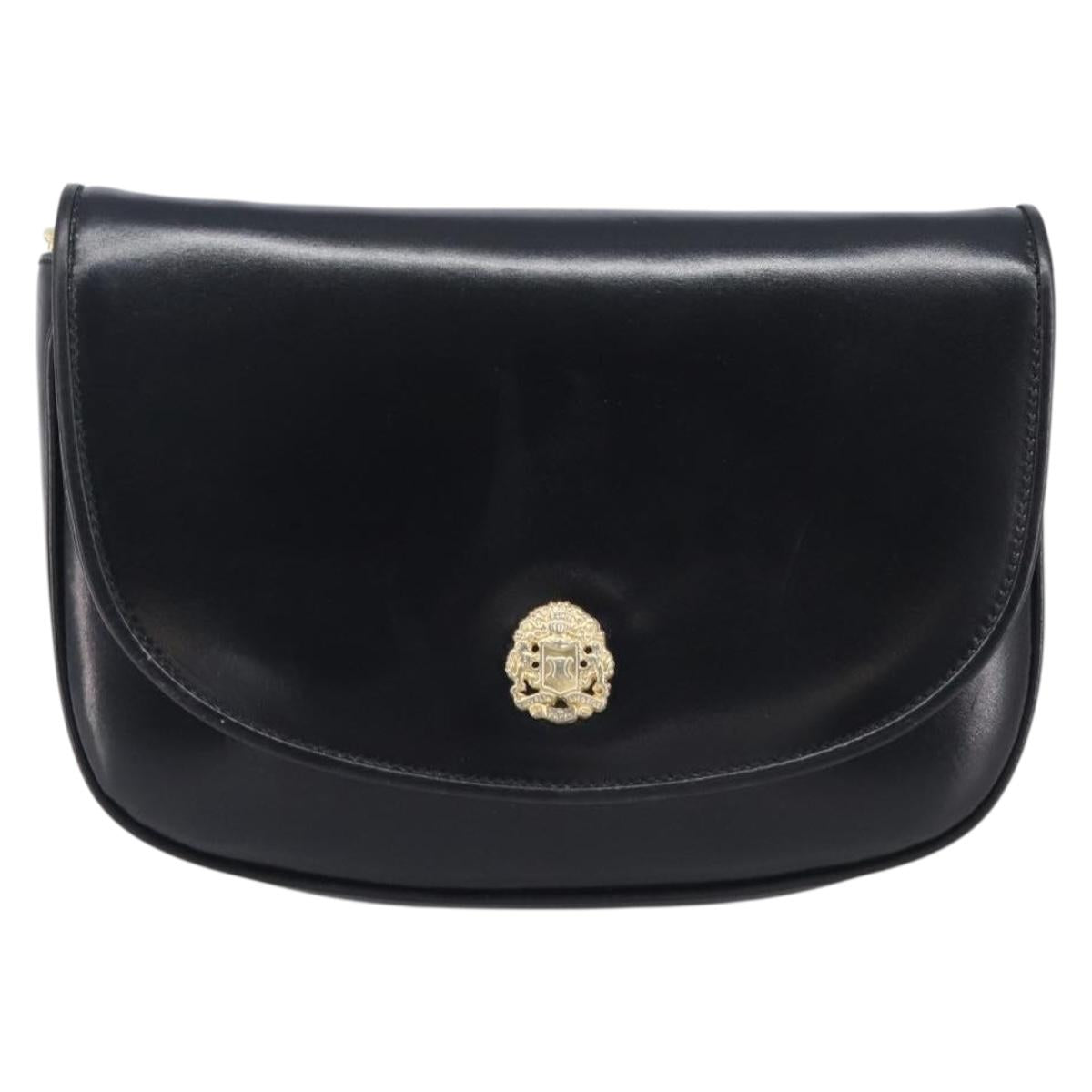 CELINE Chain Shoulder Bag Leather Black Gold Auth ka6346