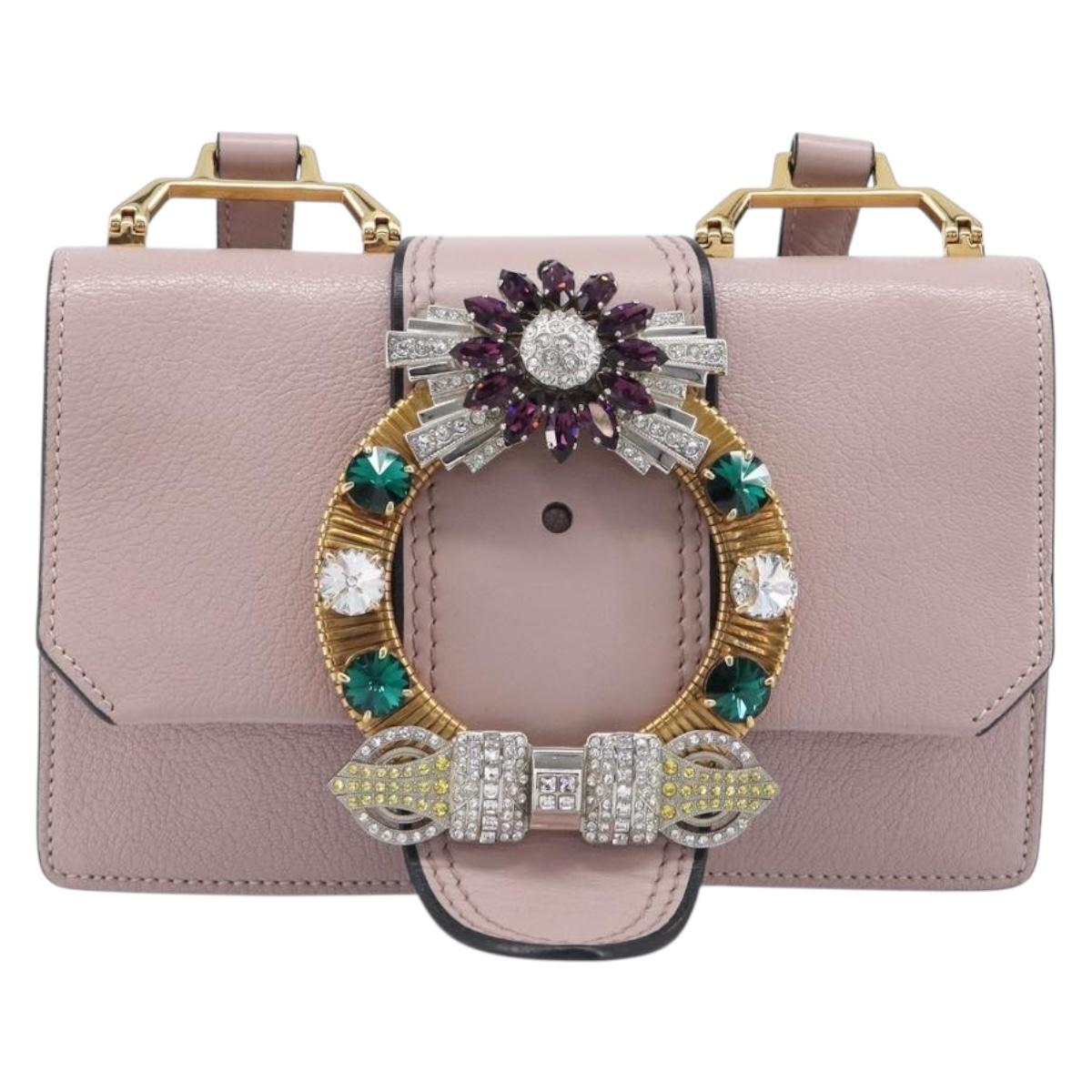 Miu Miu Madras Bijoux Shoulder Bag Leather Pink Gold Auth ka6350V