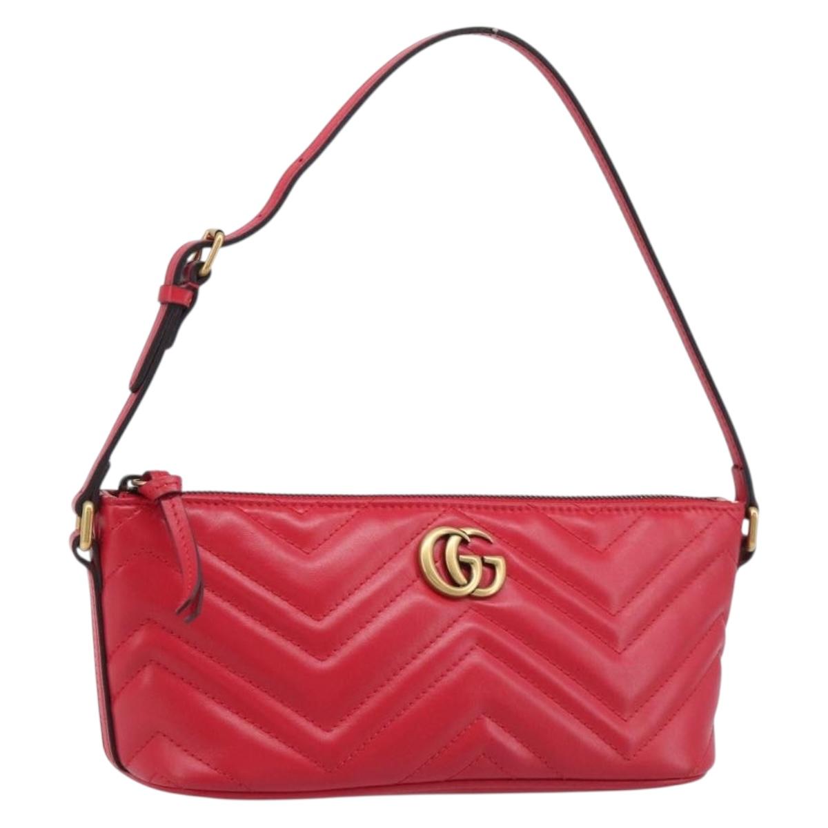 GUCCI GG Marmont Hand Bag Leather Red Gold 739166 Auth ka6352V