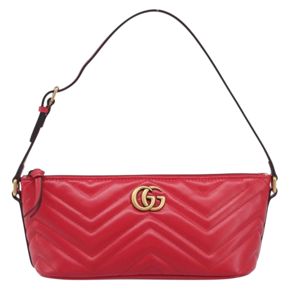 GUCCI GG Marmont Hand Bag Leather Red Gold 739166 Auth ka6352V