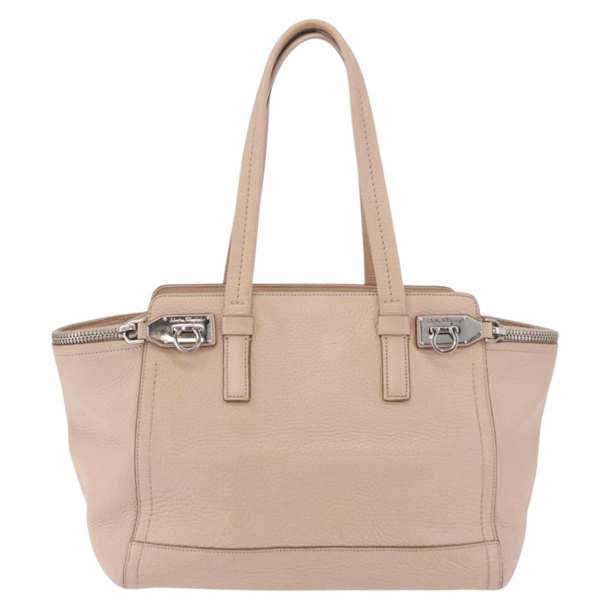 Salvatore Ferragamo Gancini Tote Bag Leather Beige Silver Auth ka6363