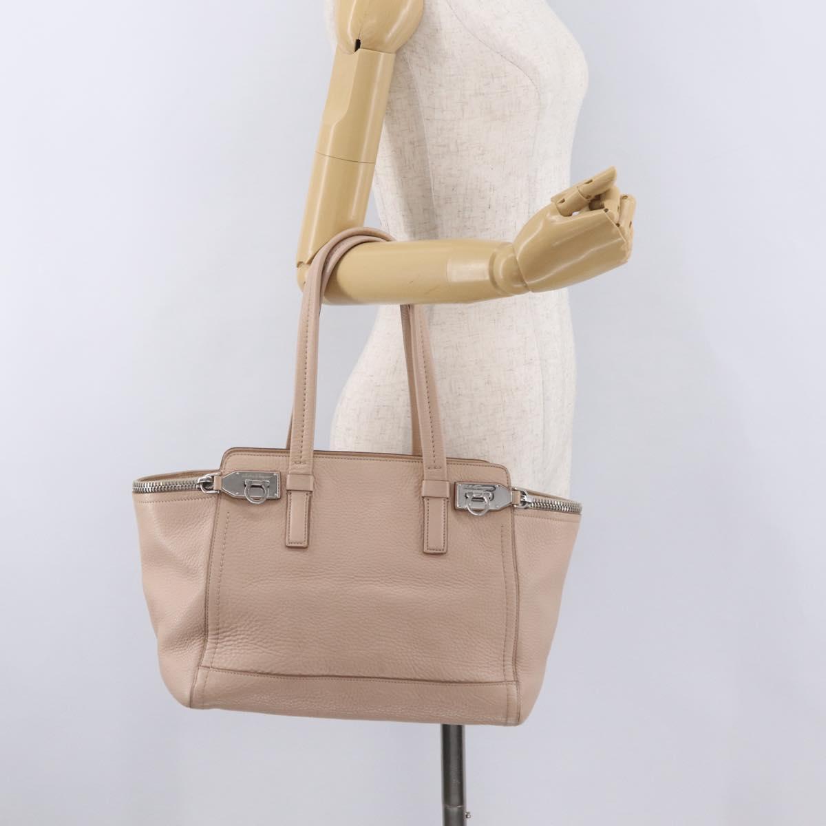 Salvatore Ferragamo Gancini Tote Bag Leather Beige Silver Auth ka6363