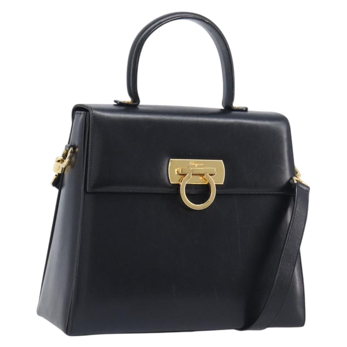 Salvatore Ferragamo Gancini Hand Bag Leather 2way Black Gold Auth ka6377
