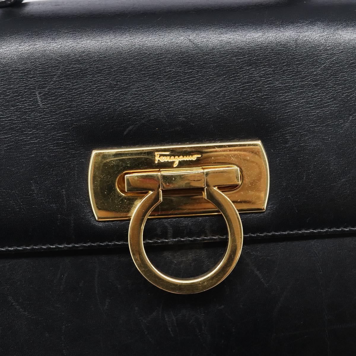 Salvatore Ferragamo Gancini Hand Bag Leather 2way Black Gold Auth ka6377