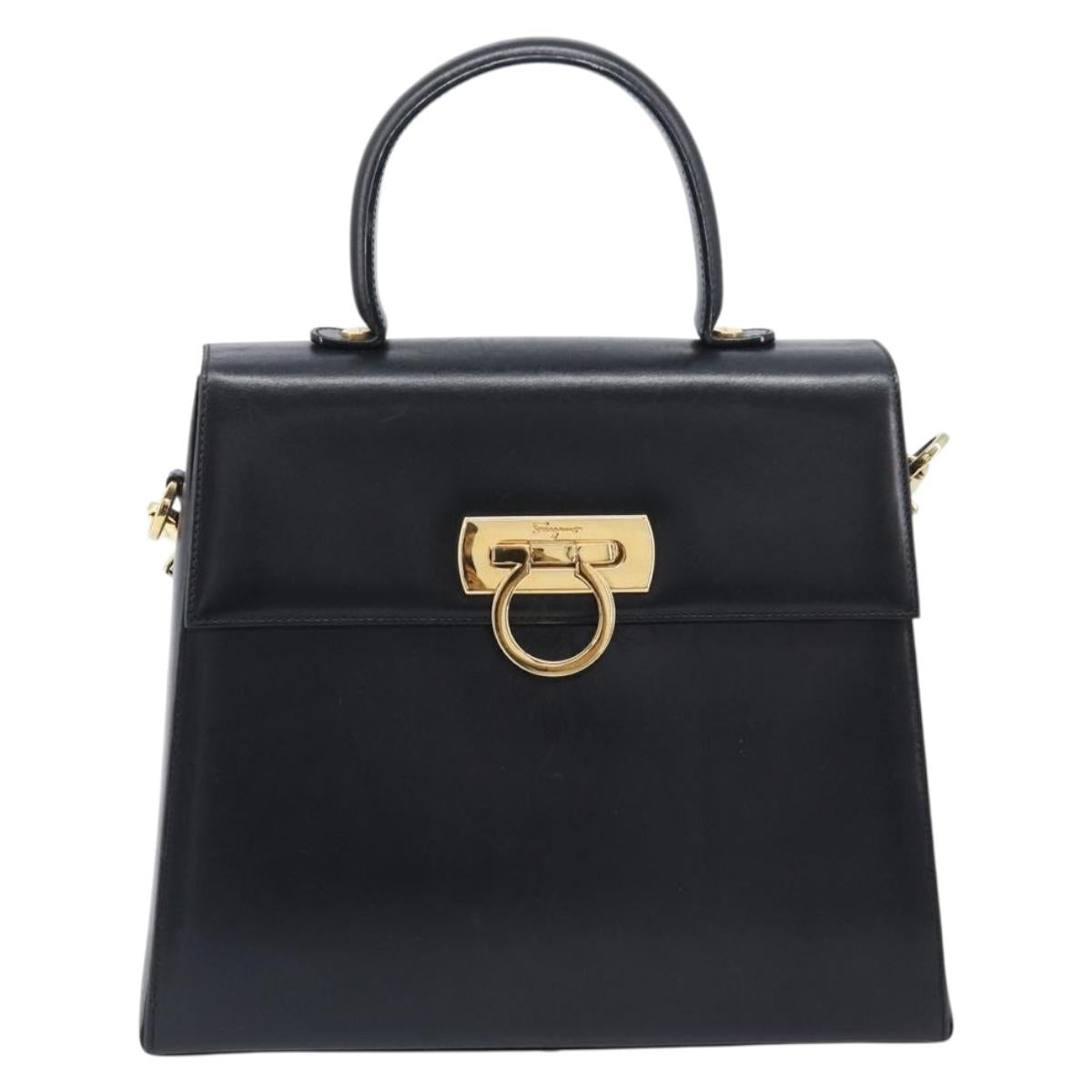 Salvatore Ferragamo Gancini Hand Bag Leather 2way Black Gold Auth ka6377