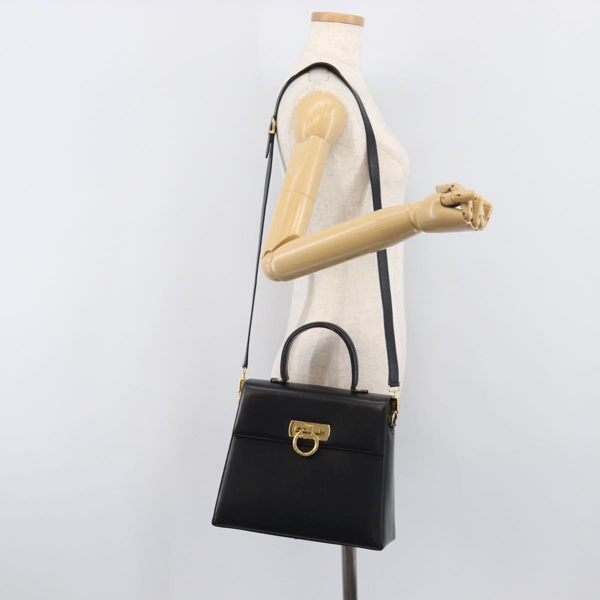 Salvatore Ferragamo Gancini Hand Bag Leather 2way Black Gold Auth ka6377