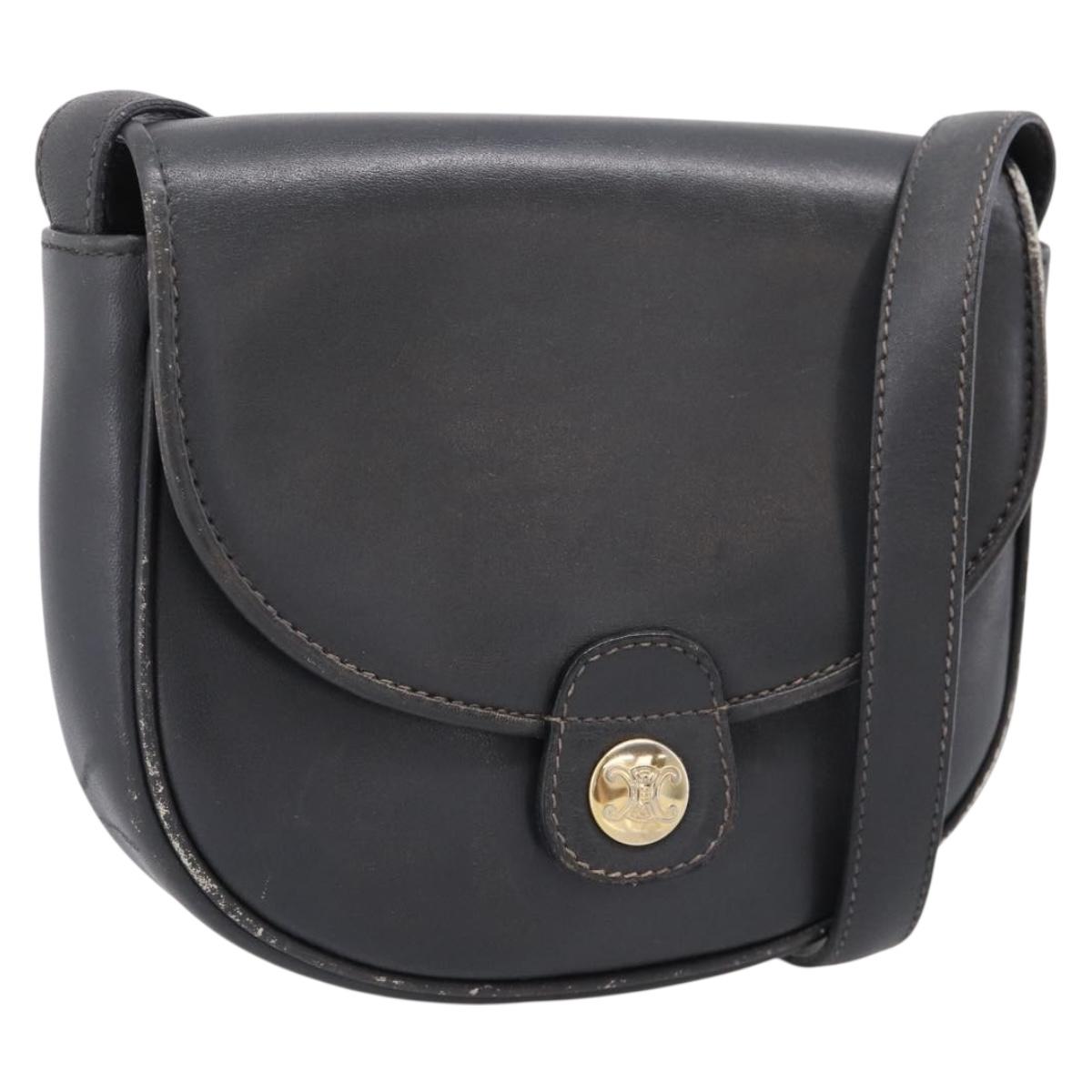 CELINE Shoulder Bag Leather Gray Gold Auth ka6378
