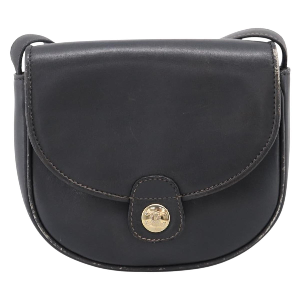 CELINE Shoulder Bag Leather Gray Gold Auth ka6378