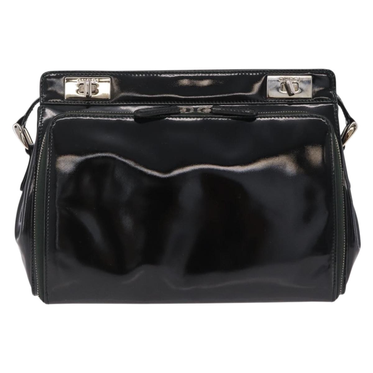 GUCCI Shoulder Bag Patent Leather Black Silver 001 2113 1677 Auth ka6380