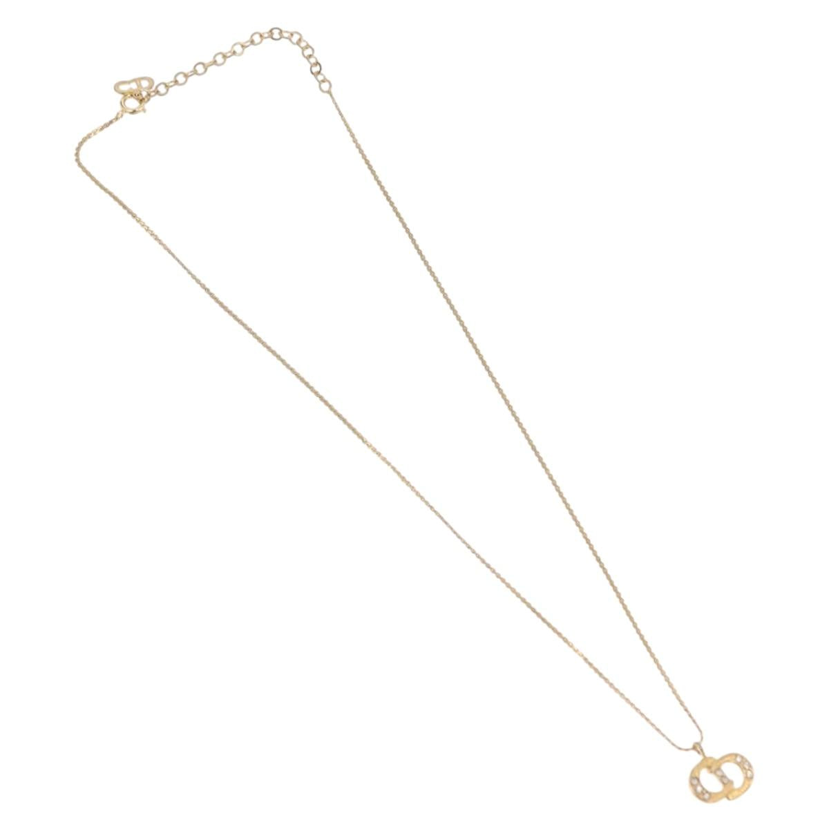 Christian Dior Rhinestone Necklace Metal Gold Tone Auth ka6383