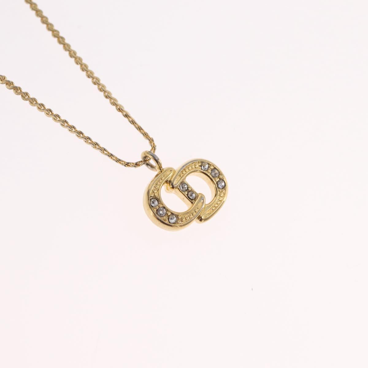Christian Dior Rhinestone Necklace Metal Gold Tone Auth ka6383