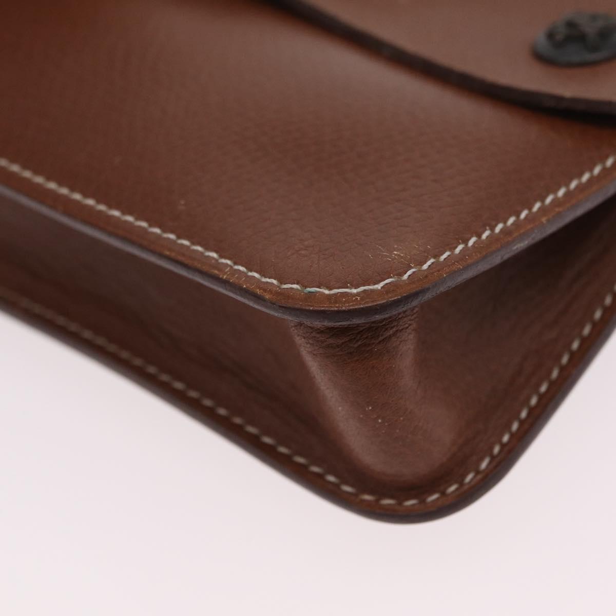 HERMES Pochette Green Leather Brown Auth ka6393