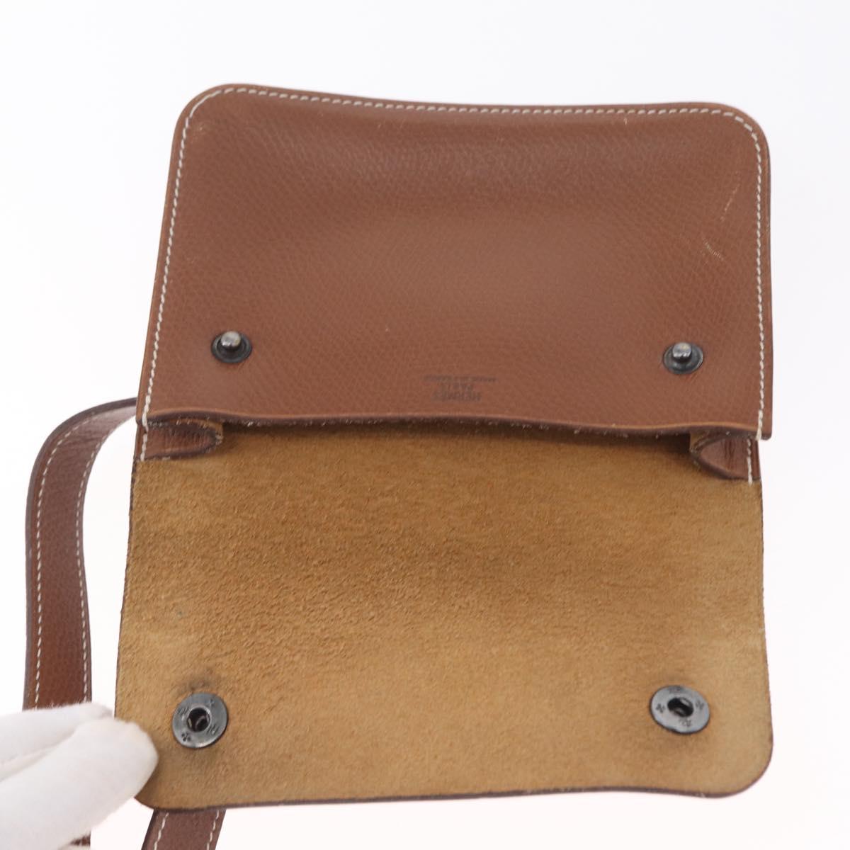 HERMES Pochette Green Leather Brown Auth ka6393