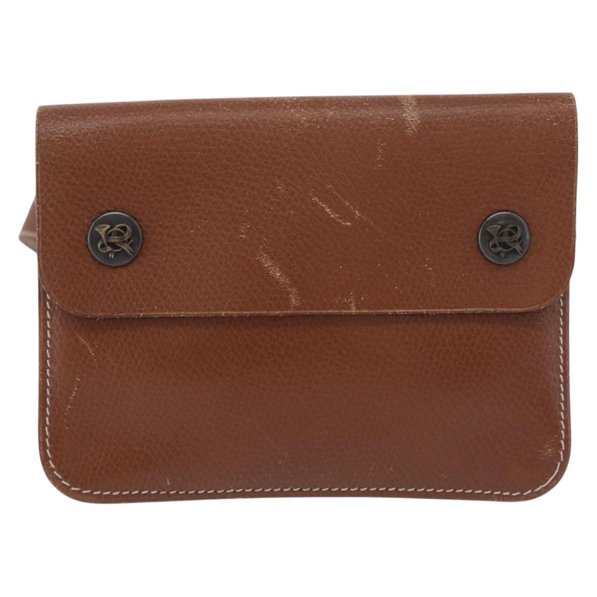HERMES Pochette Green Leather Brown Auth ka6393