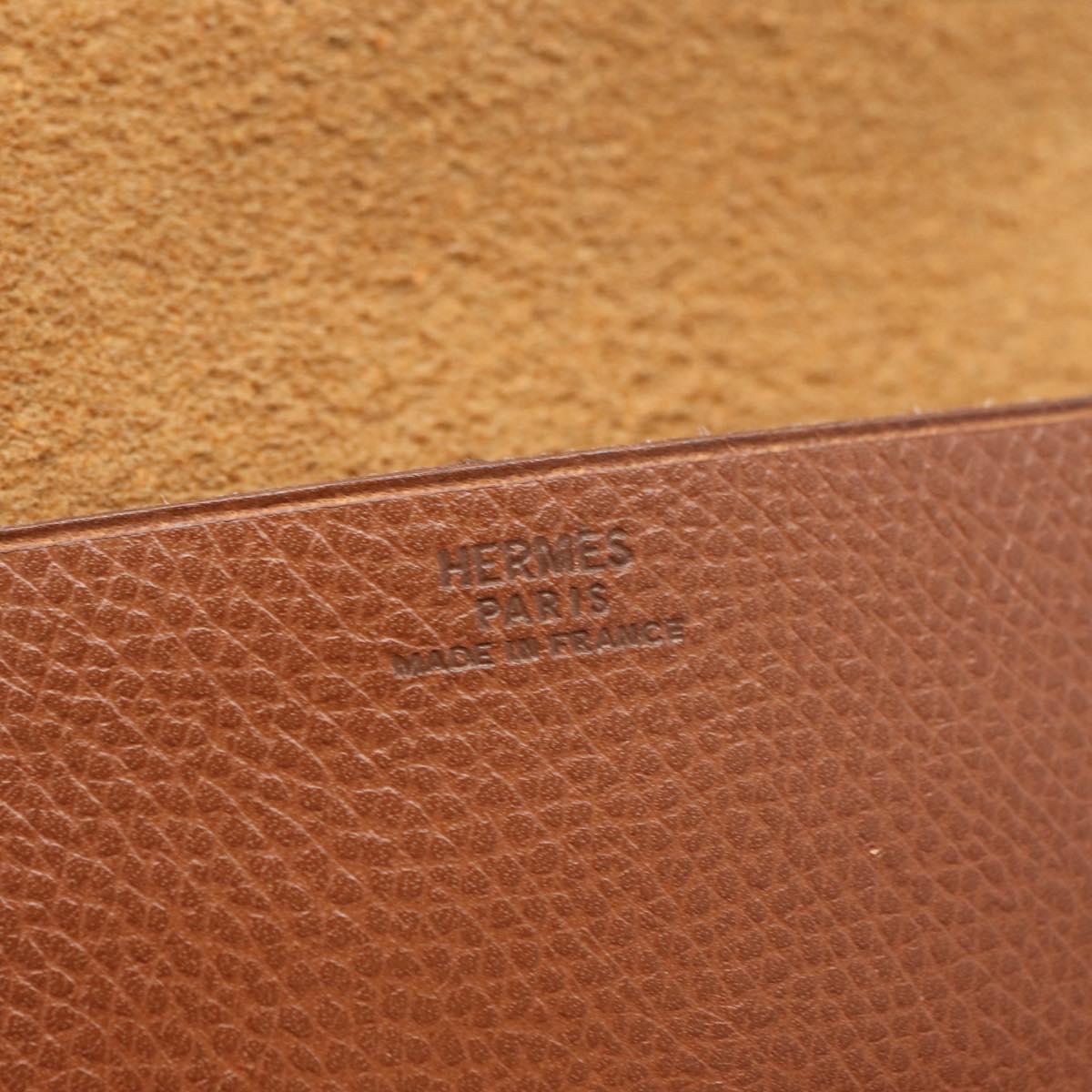 HERMES Pochette Green Leather Brown Auth ka6393