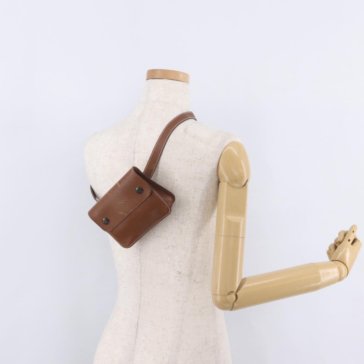 HERMES Pochette Green Leather Brown Auth ka6393
