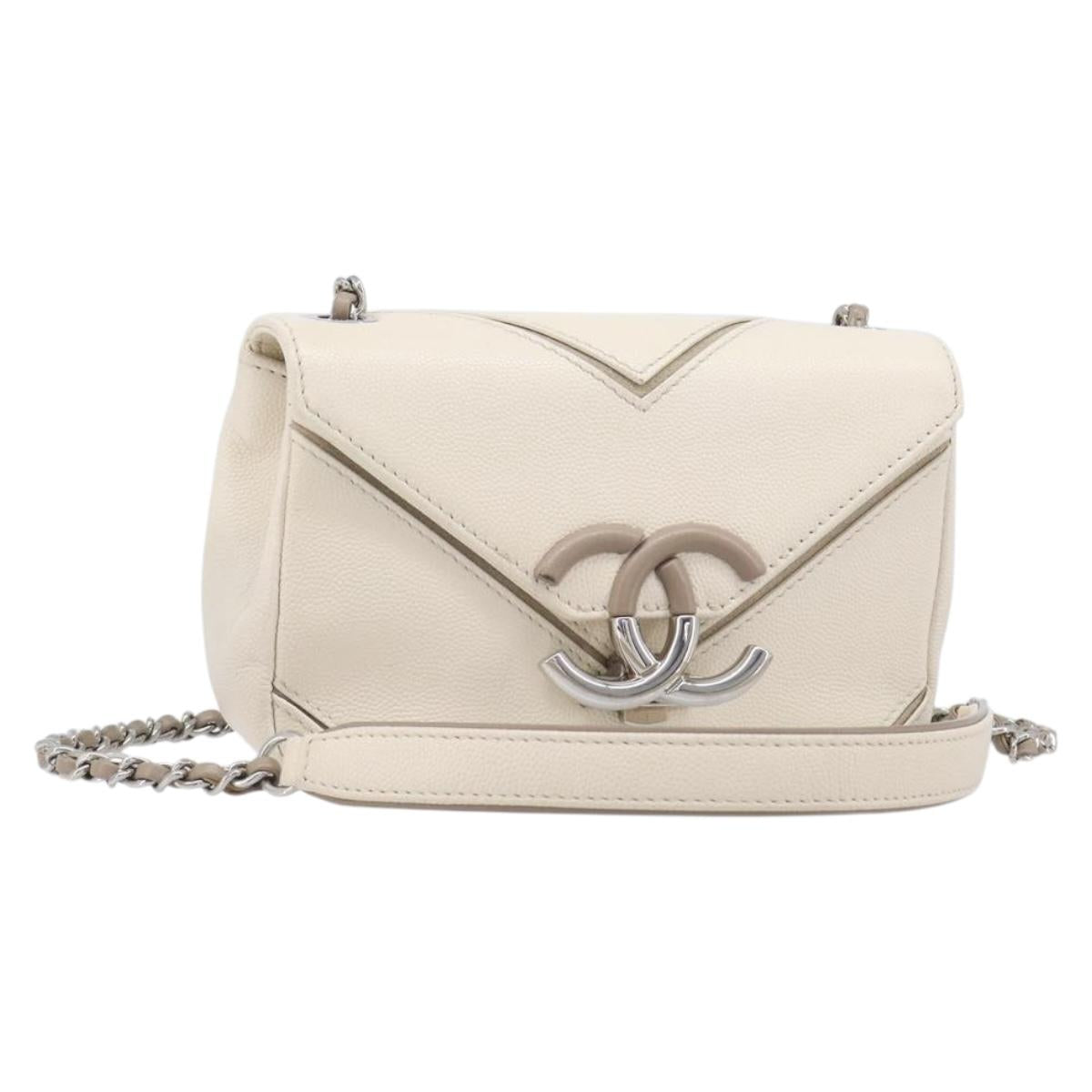 CHANEL Macro Chevron Small Flap Bag Caviar Skin White Silver CC Auth ka6412V