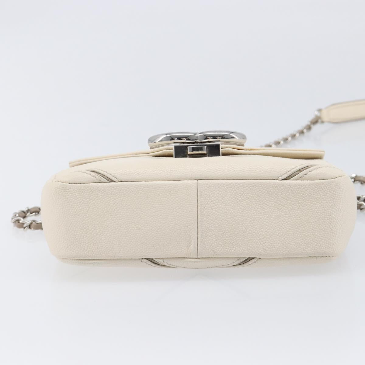 CHANEL Macro Chevron Small Flap Bag Caviar Skin White Silver CC Auth ka6412V