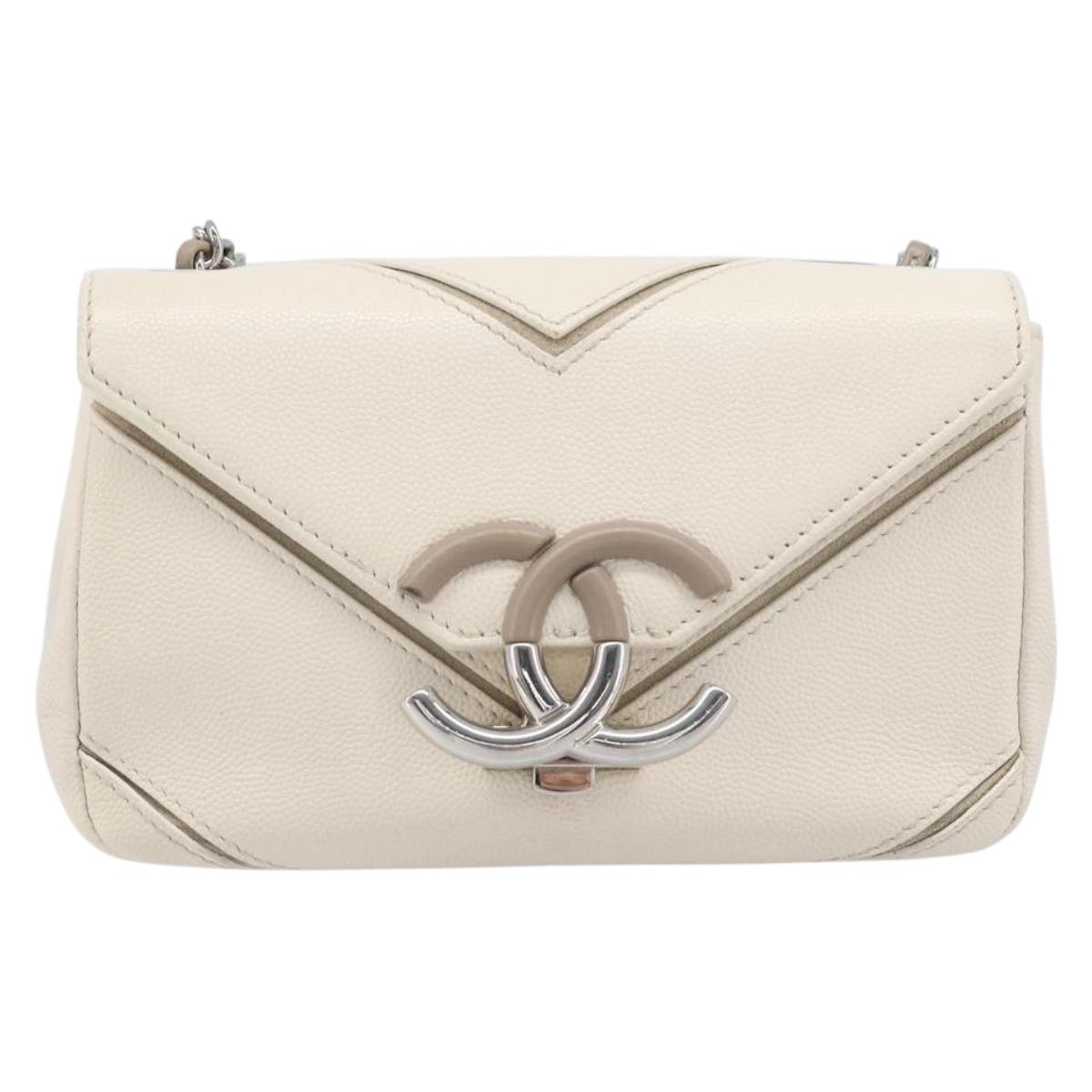 CHANEL Macro Chevron Small Flap Bag Caviar Skin White Silver CC Auth ka6412V