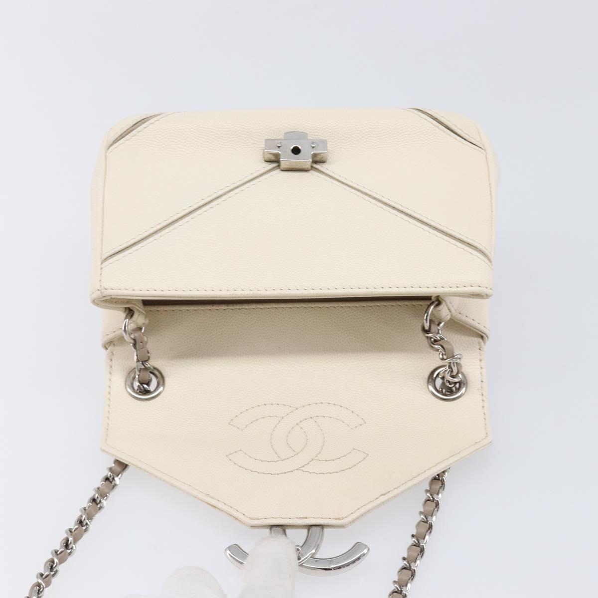 CHANEL Macro Chevron Small Flap Bag Caviar Skin White Silver CC Auth ka6412V