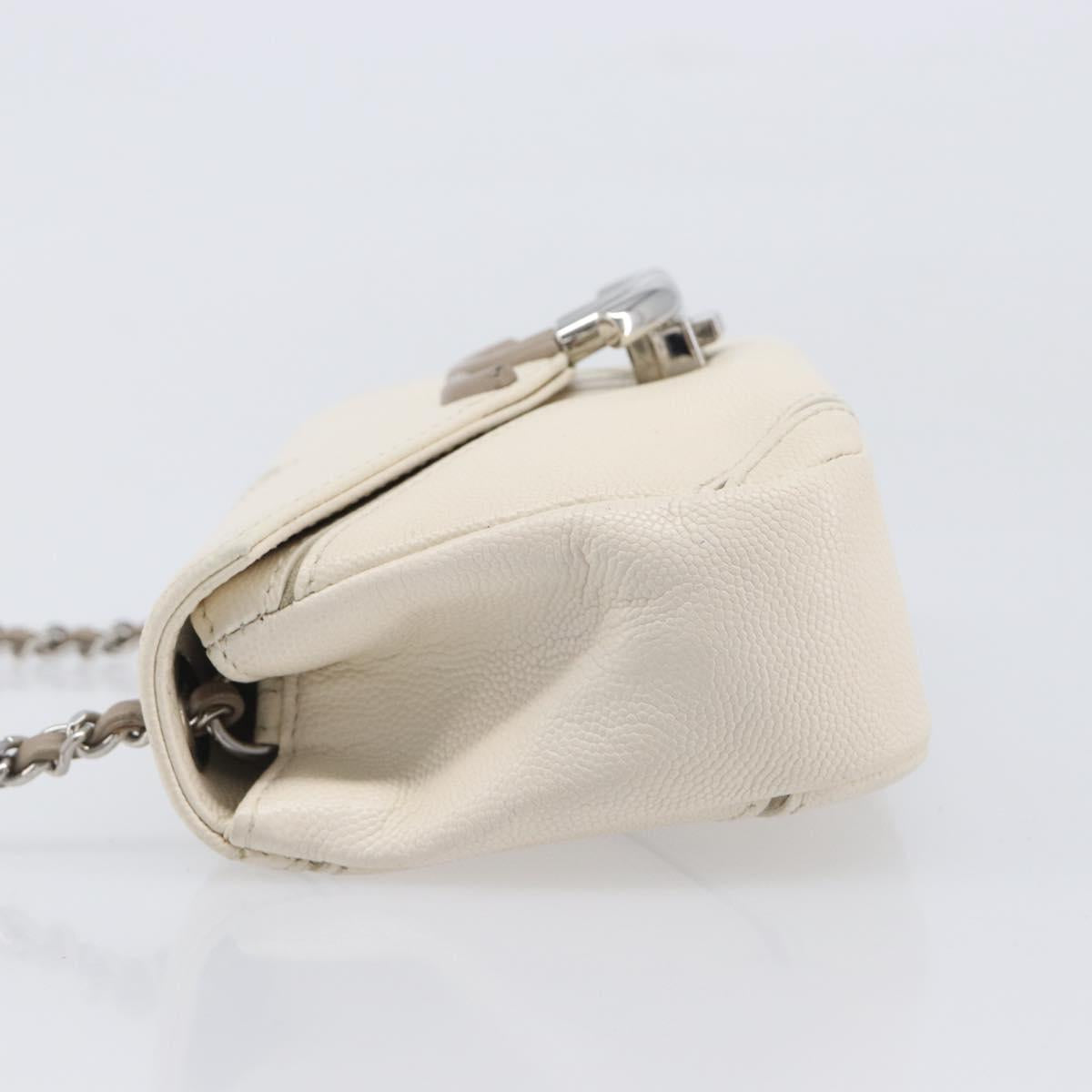 CHANEL Macro Chevron Small Flap Bag Caviar Skin White Silver CC Auth ka6412V