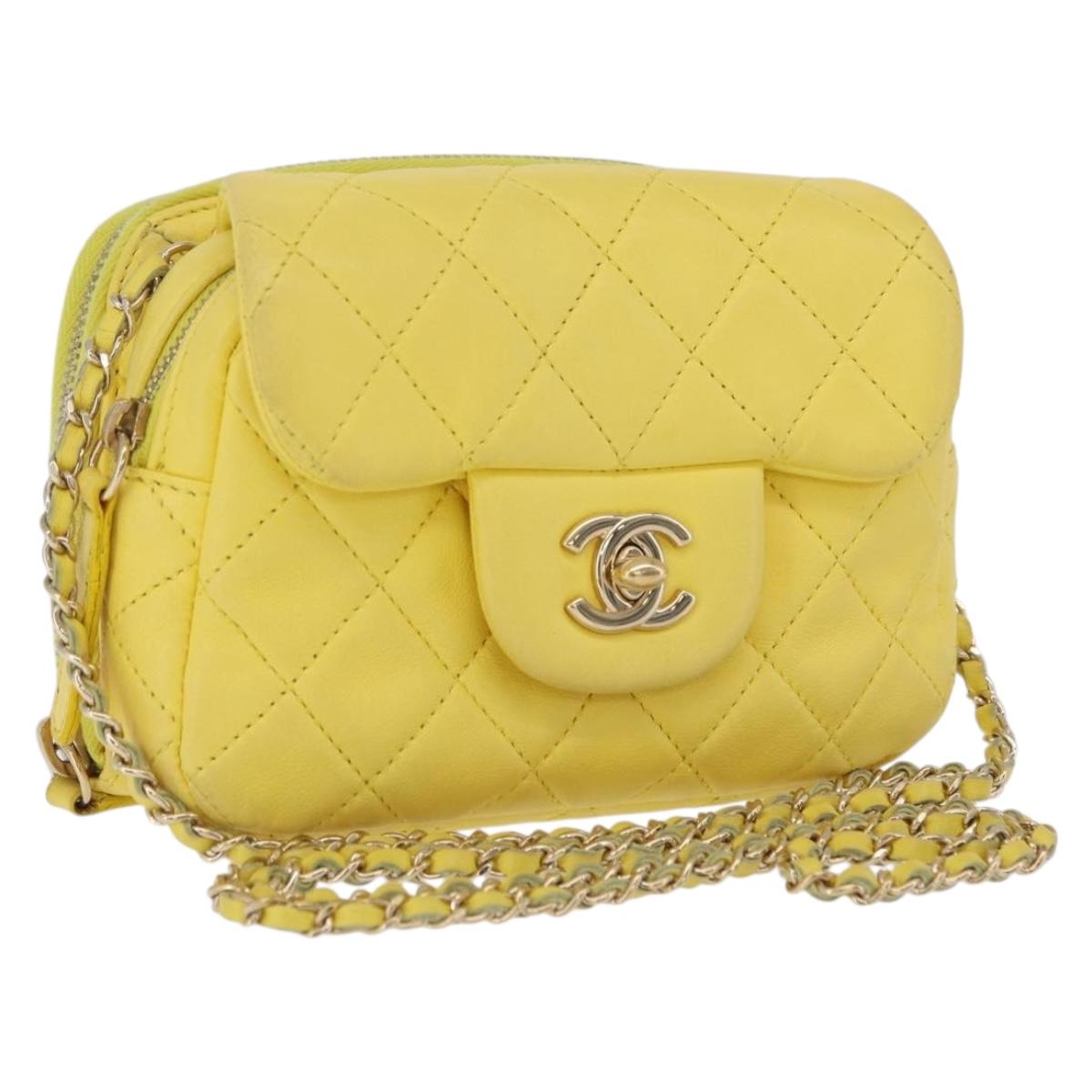 CHANEL Matelasse Chain Shoulder Bag Lamb Skin Yellow Gold CC Auth ka6413M