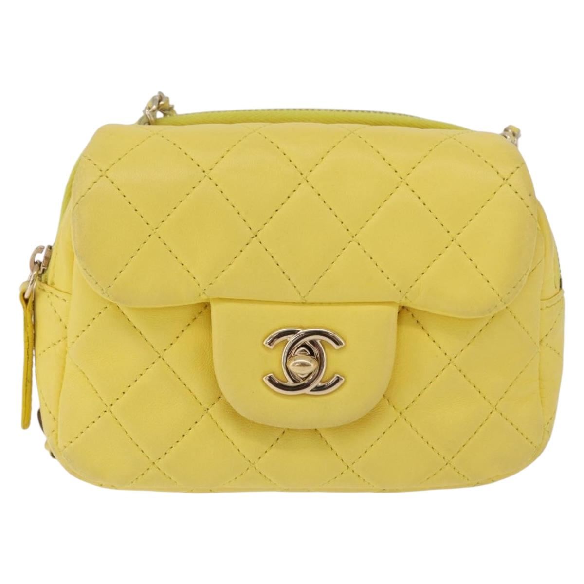 CHANEL Matelasse Chain Shoulder Bag Lamb Skin Yellow Gold CC Auth ka6413M