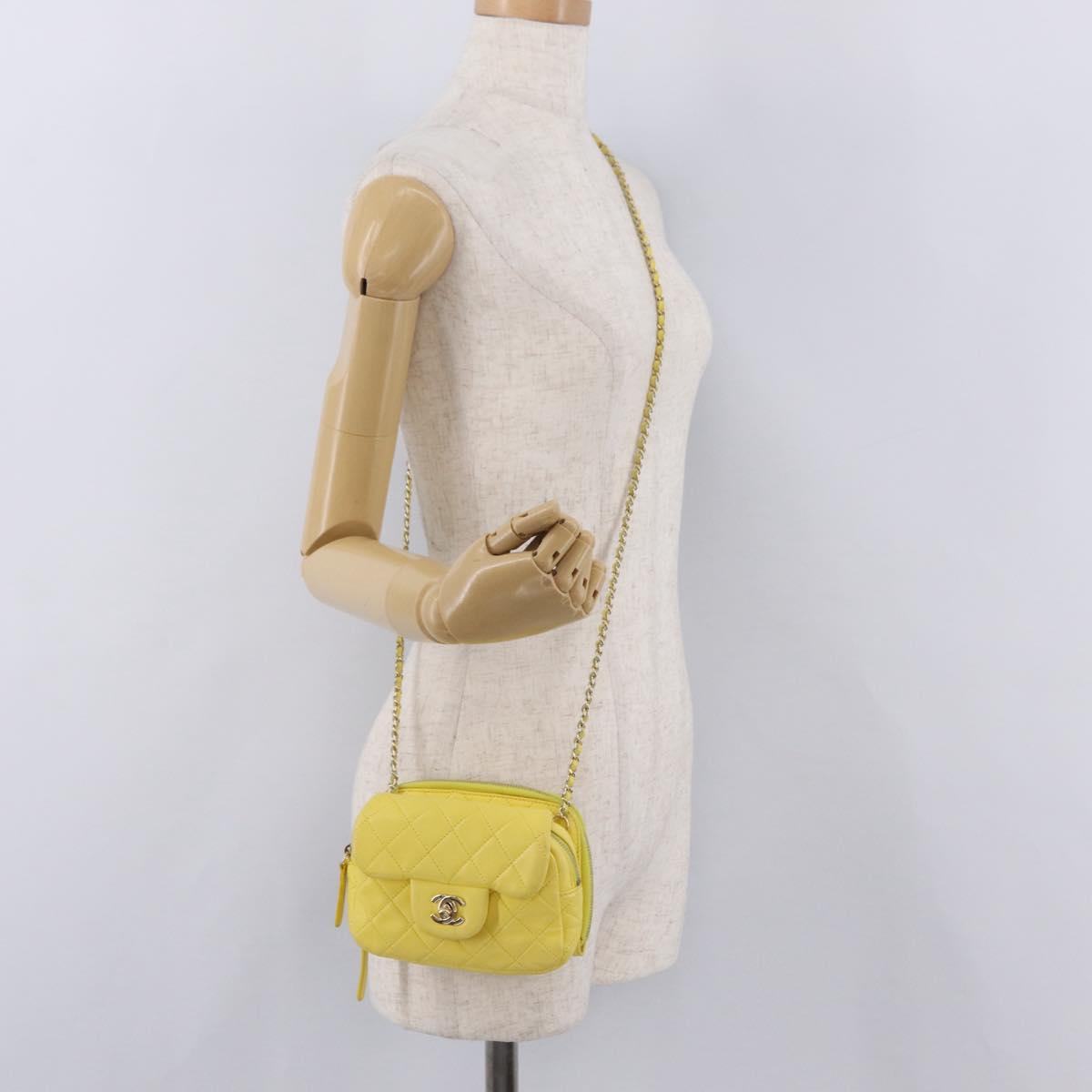 CHANEL Matelasse Chain Shoulder Bag Lamb Skin Yellow Gold CC Auth ka6413M