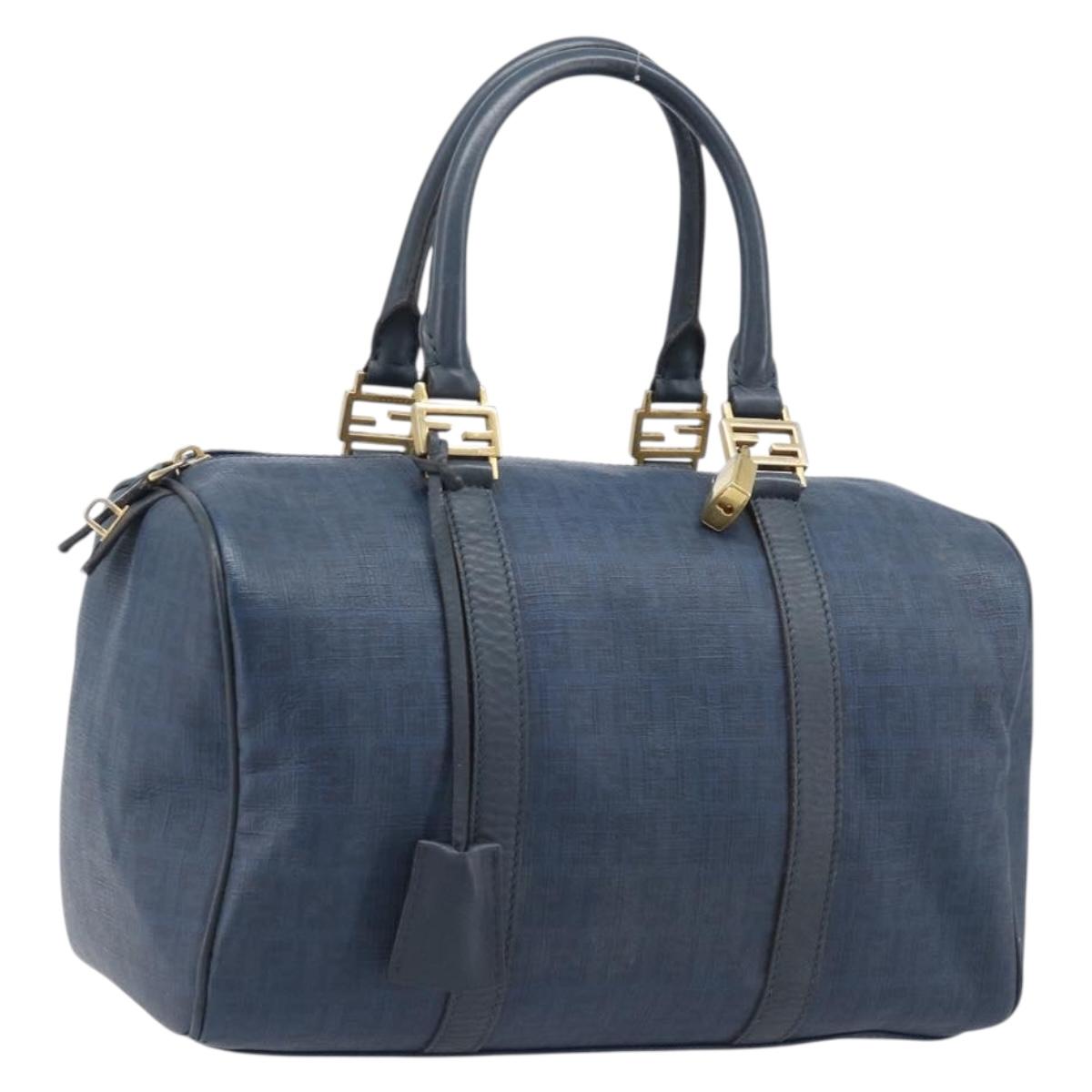 FENDI Zucchino Canvas Hand Bag PVC Navy Gold Auth ka6414