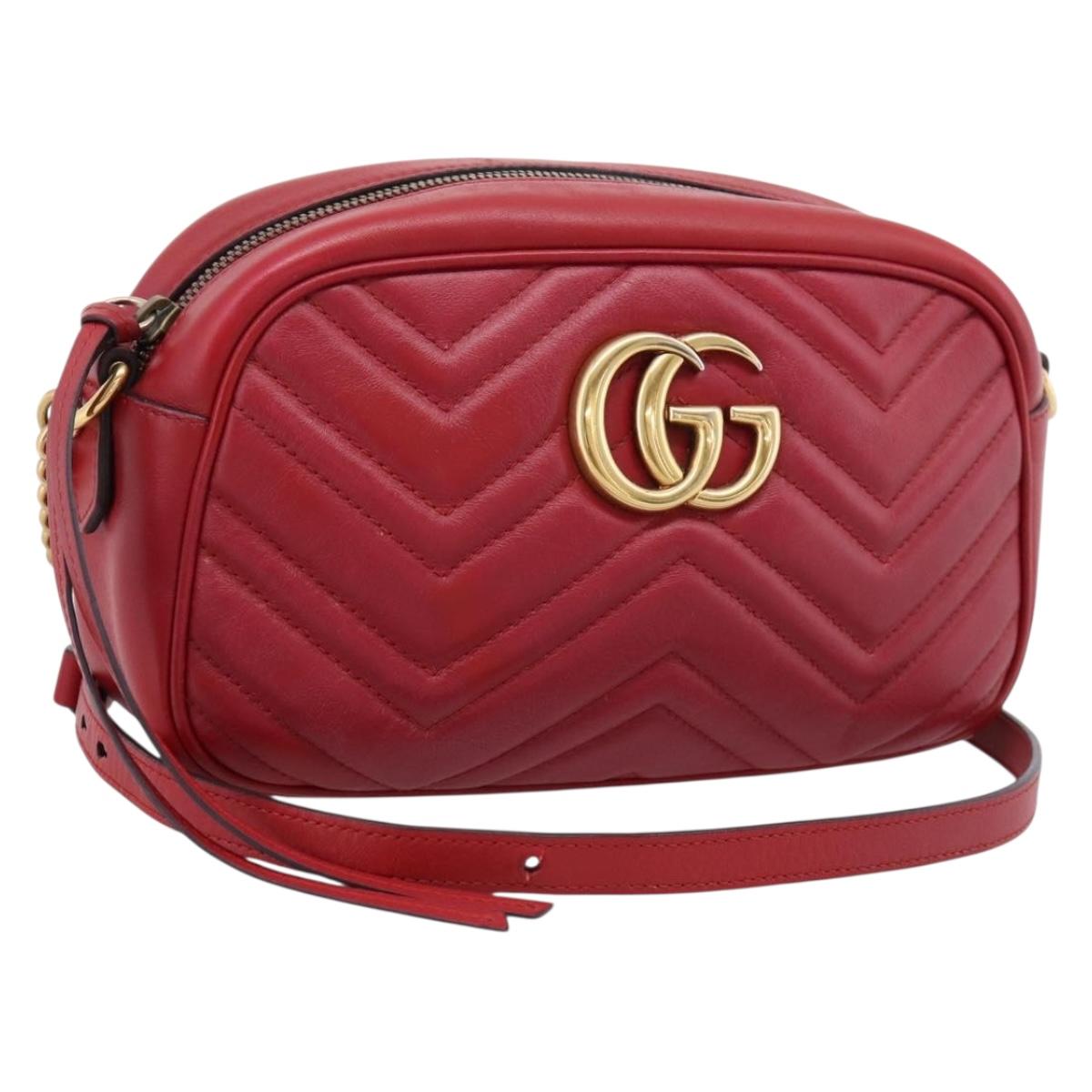 GUCCI GG Marmont Shoulder Bag Leather Red Gold 447632 Auth ka6415