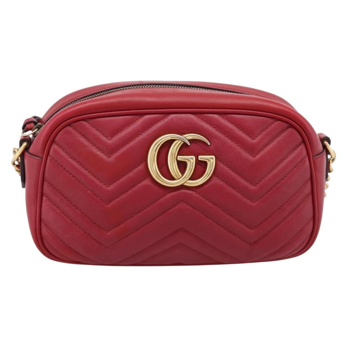 GUCCI GG Marmont Shoulder Bag Leather Red Gold 447632 Auth ka6415