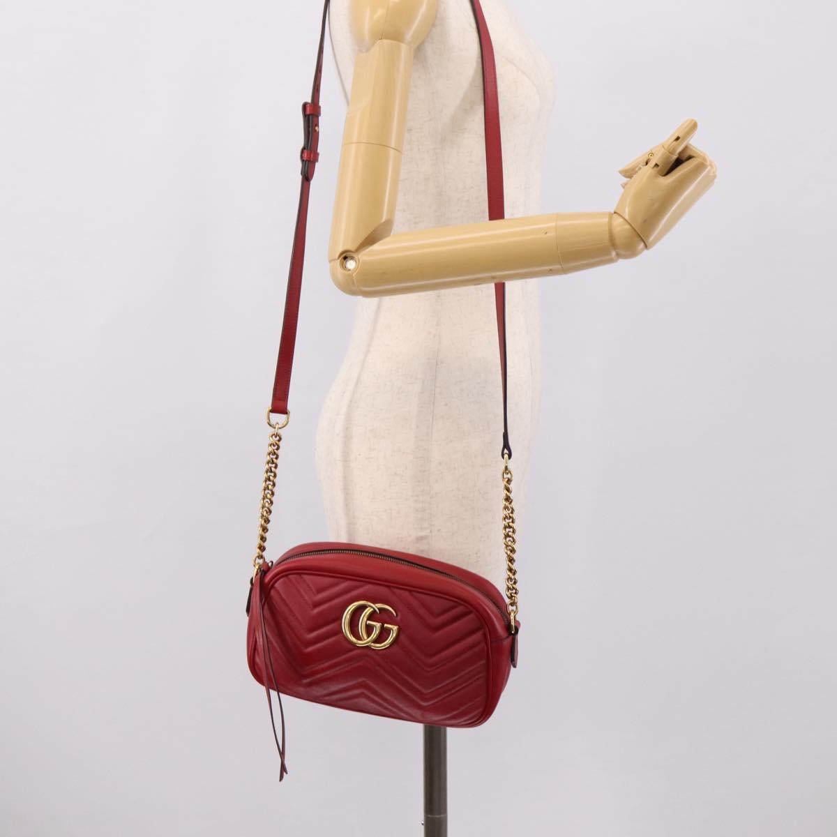 GUCCI GG Marmont Shoulder Bag Leather Red Gold 447632 Auth ka6415