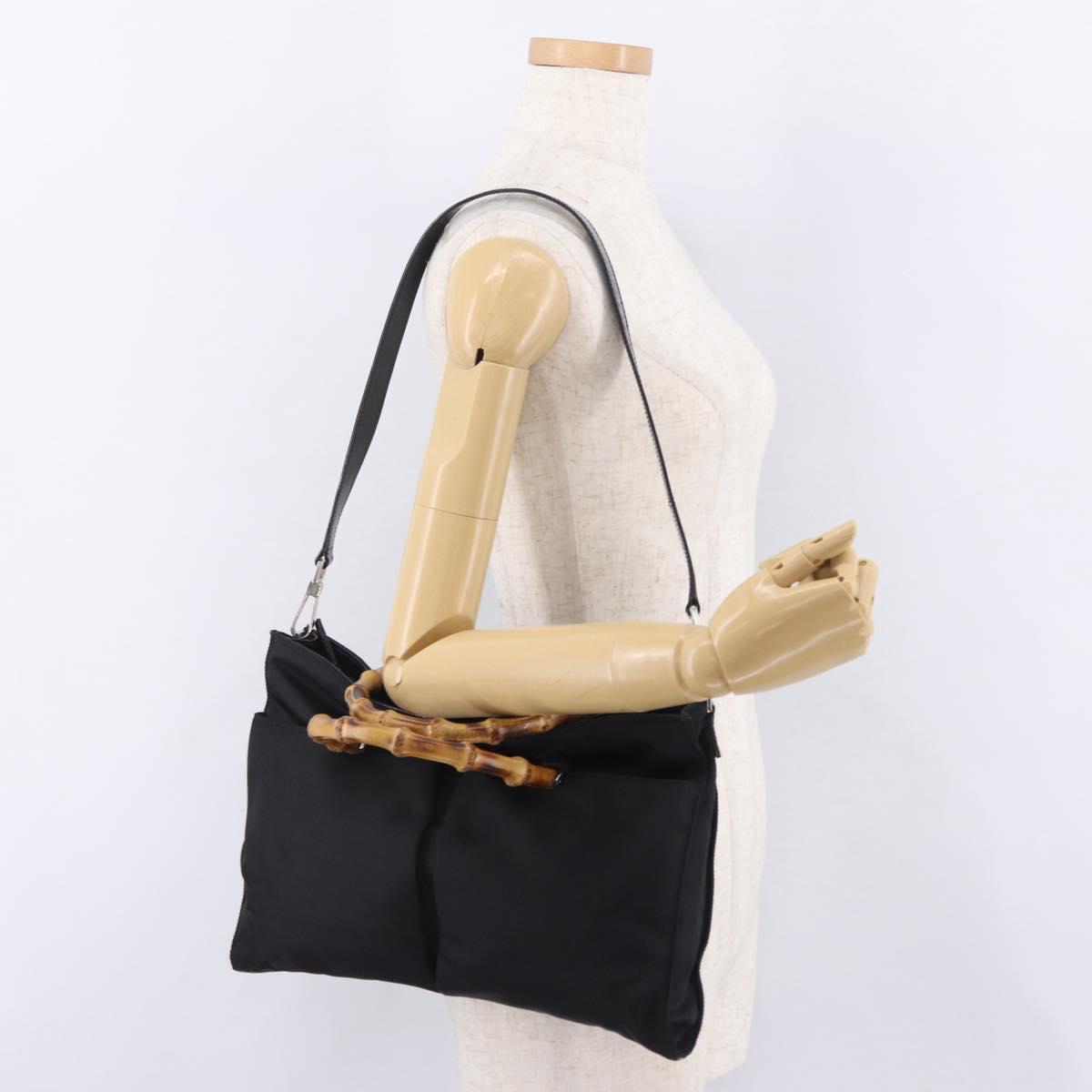 GUCCI Bamboo Hand Bag Nylon 2way Black Silver 001 2855 1875 5 Auth ka6416