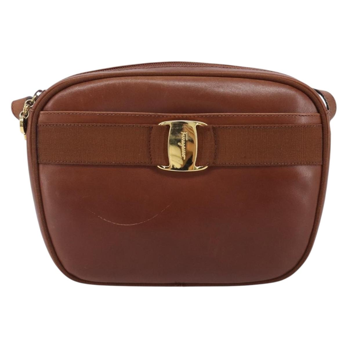 Salvatore Ferragamo Vala Shoulder Bag Leather Gold Brown Auth ka6418