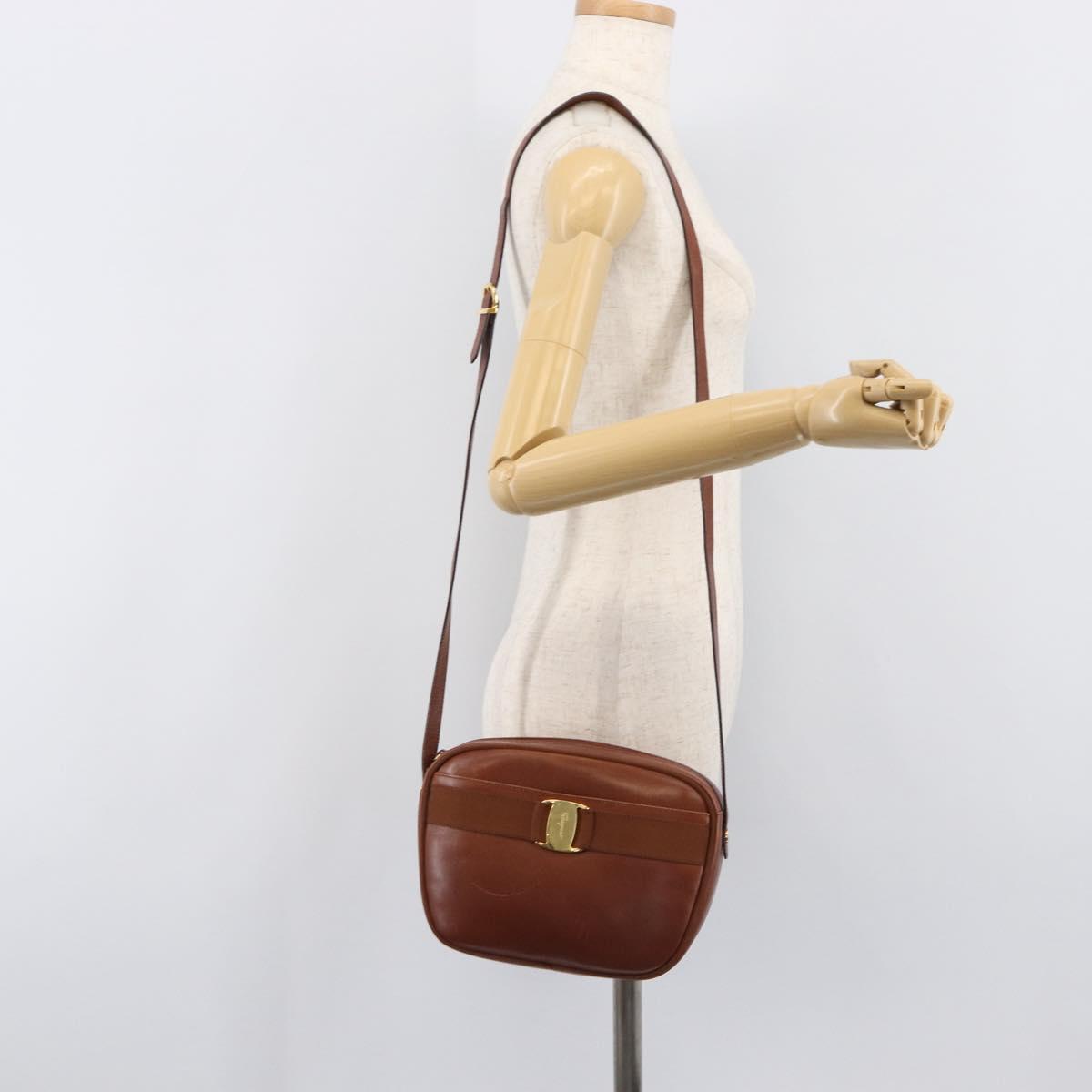 Salvatore Ferragamo Vala Shoulder Bag Leather Gold Brown Auth ka6418