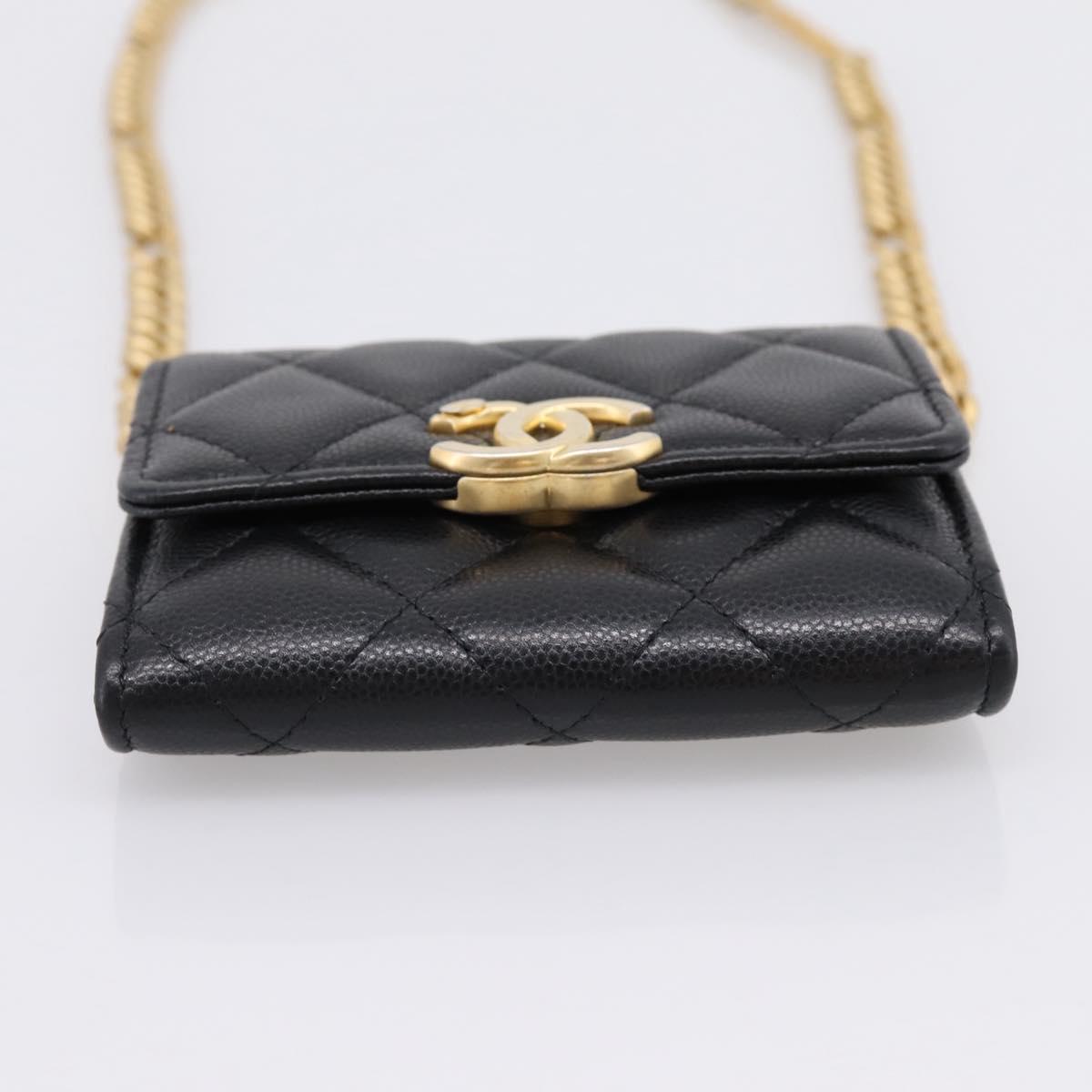 CHANEL Matelasse Chain Shoulder Card Case Caviar Skin Black Gold CC Auth ka6420V