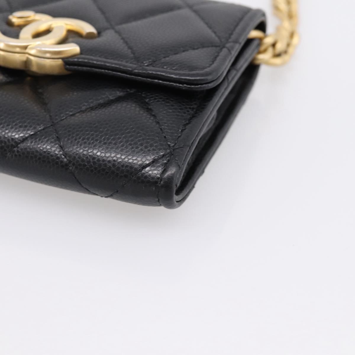CHANEL Matelasse Chain Shoulder Card Case Caviar Skin Black Gold CC Auth ka6420V