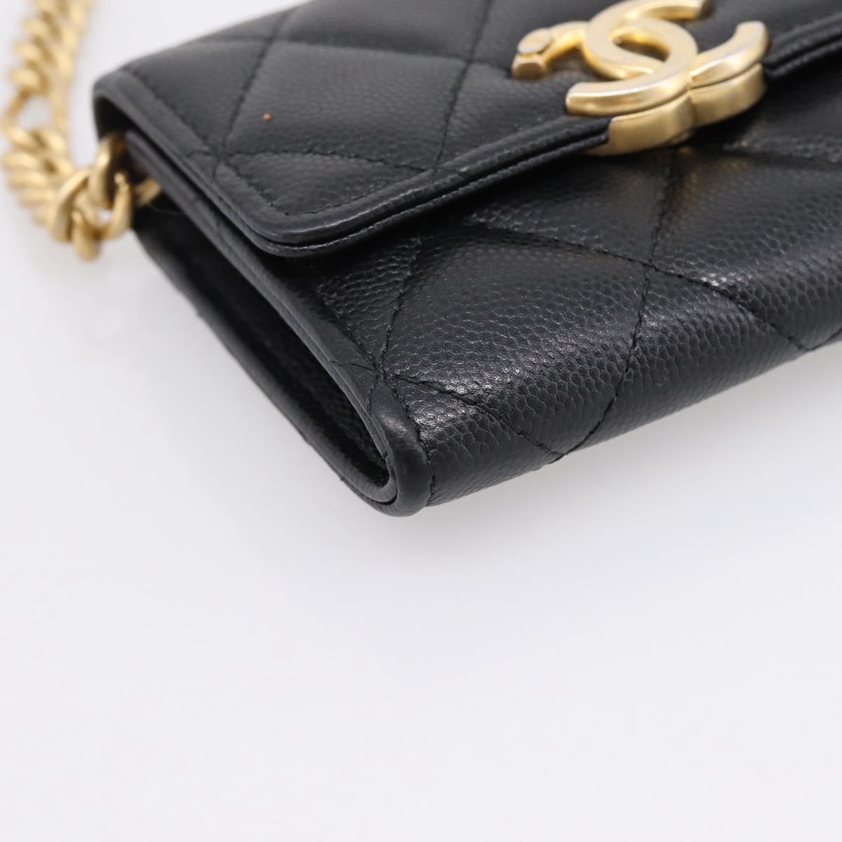CHANEL Matelasse Chain Shoulder Card Case Caviar Skin Black Gold CC Auth ka6420V