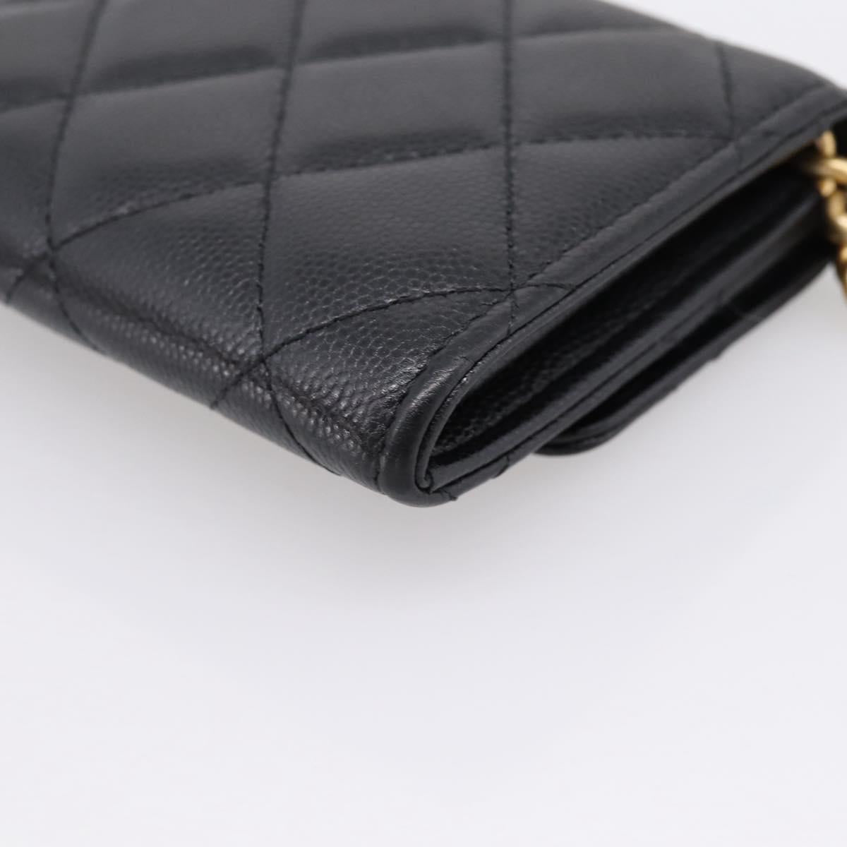 CHANEL Matelasse Chain Shoulder Card Case Caviar Skin Black Gold CC Auth ka6420V