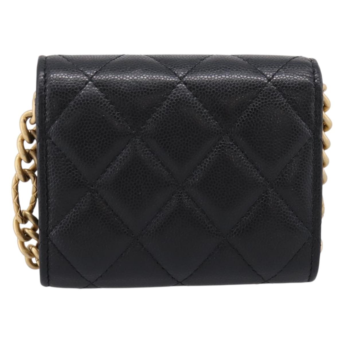 CHANEL Matelasse Chain Shoulder Card Case Caviar Skin Black Gold CC Auth ka6420V