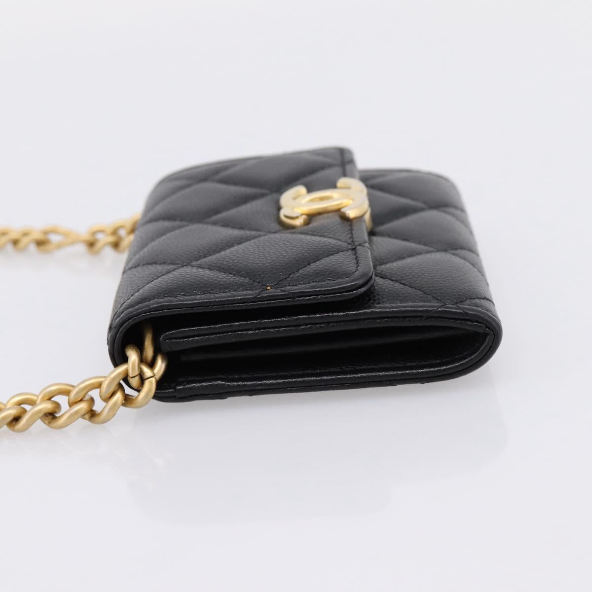CHANEL Matelasse Chain Shoulder Card Case Caviar Skin Black Gold CC Auth ka6420V