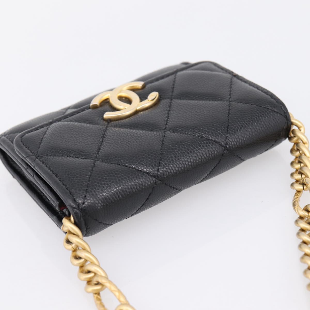 CHANEL Matelasse Chain Shoulder Card Case Caviar Skin Black Gold CC Auth ka6420V