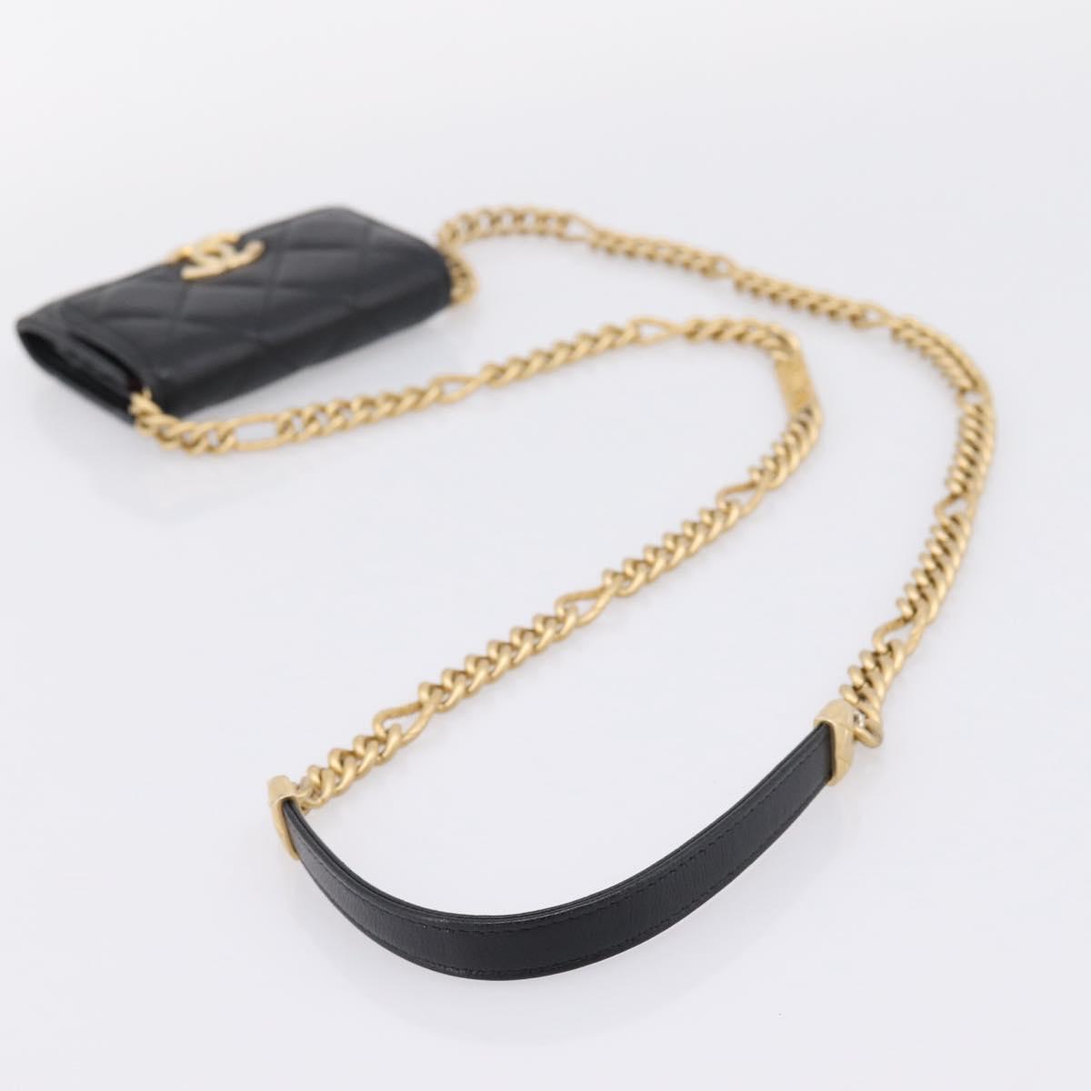 CHANEL Matelasse Chain Shoulder Card Case Caviar Skin Black Gold CC Auth ka6420V