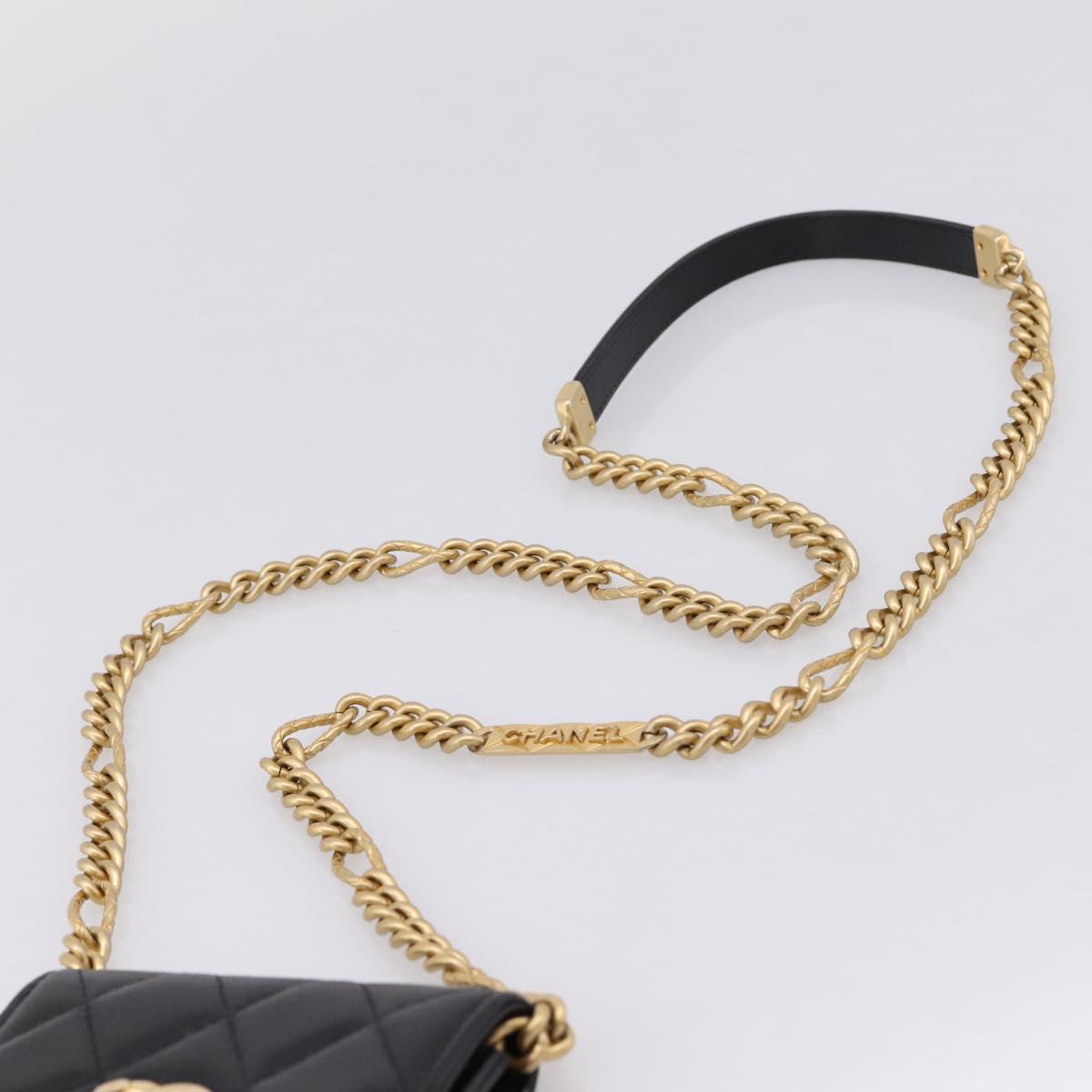 CHANEL Matelasse Chain Shoulder Card Case Caviar Skin Black Gold CC Auth ka6420V
