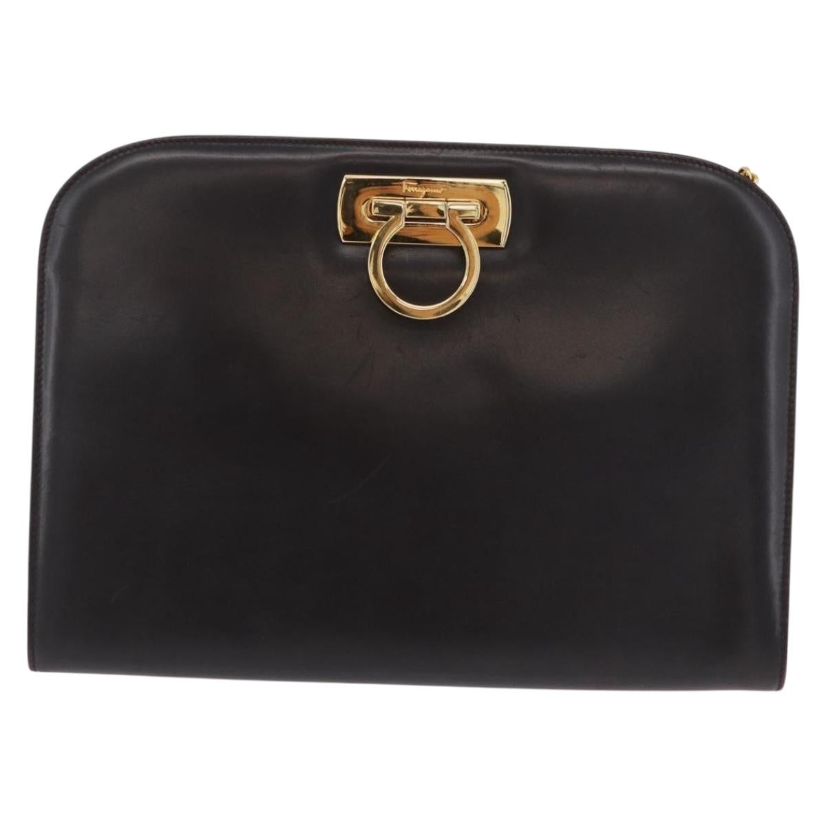 Salvatore Ferragamo Gancini Chain Shoulder Bag Leather Brown Gold Auth ka6429A
