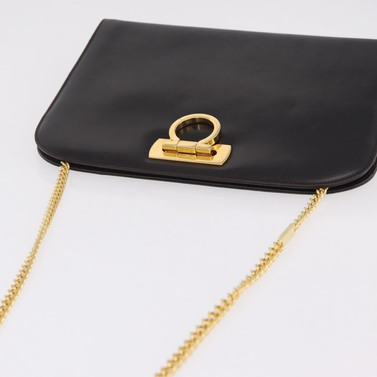 Salvatore Ferragamo Gancini Chain Shoulder Bag Leather Brown Gold Auth ka6429A