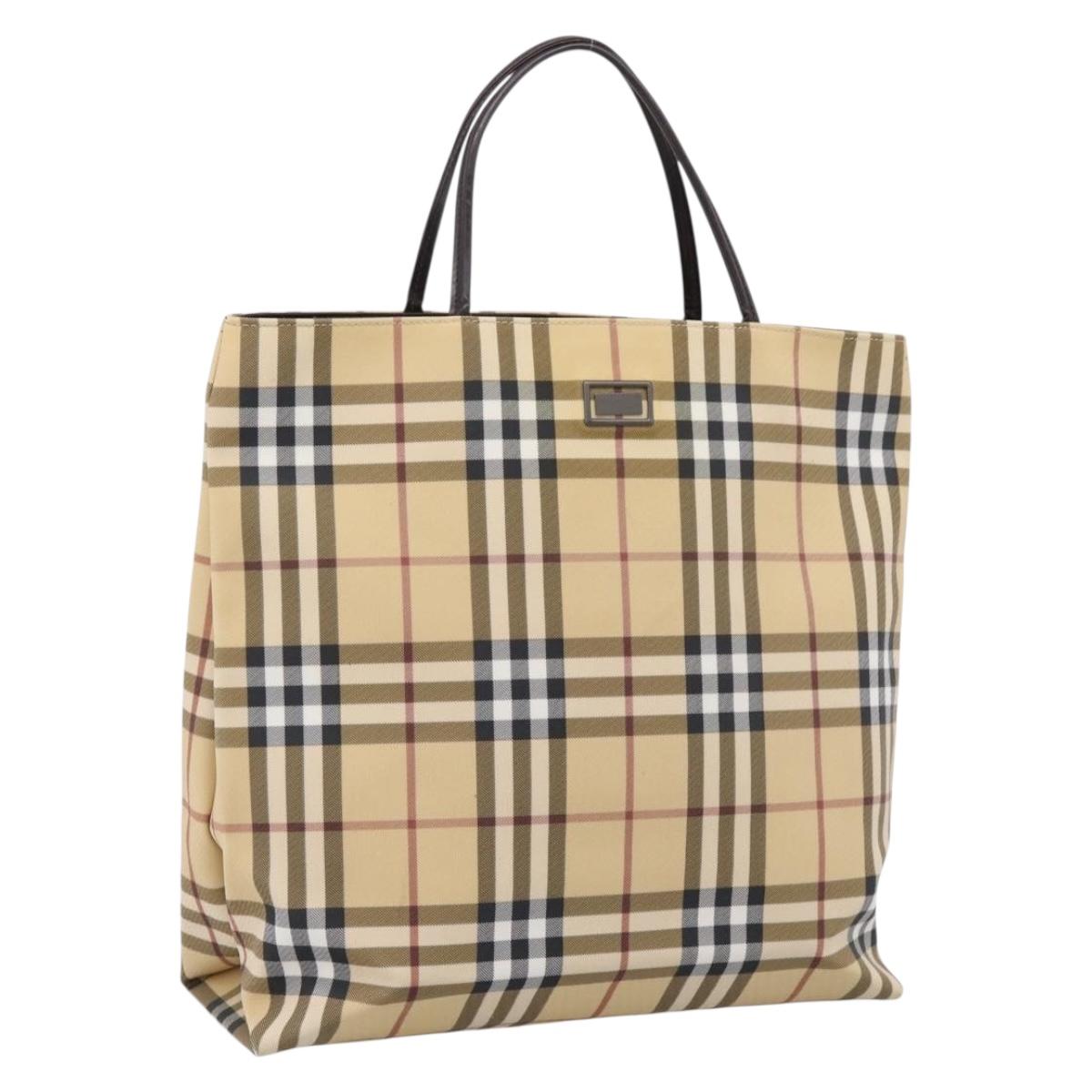 BURBERRY Nova Check Hand Bag PVC Leather Beige Silver Auth ka6453