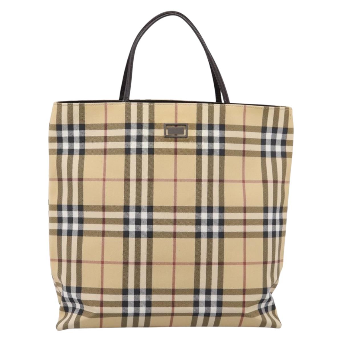 BURBERRY Nova Check Hand Bag PVC Leather Beige Silver Auth ka6453