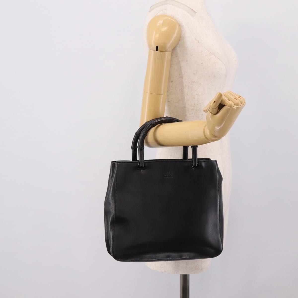 GUCCI Bamboo Hand Bag Leather Black Silver 002 1061 Auth ka6458